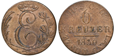 Саксен-Кобург-Заальфельд 6 крейцеров 1830 EK, Эрнст I (1826-1844) KM 11 серебро    116-659
