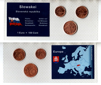 Словакия набор из 3 монет (1, 2 и 5 евроцентов) 2009 и 2010 в красочной упаковке с информацией о стране KM 95, 96 и 97 UNC 5-4-1-103