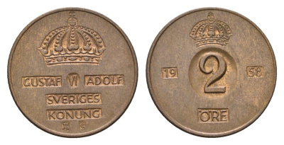 Швеция 2 эре 1958 TS, Густав VI Адольф (1950-1973) KM 821 бронза 27-223