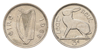 Ирландия 3 пенса 1968 заяц KM 12a медно-никель aUNC 4696-512