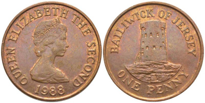 Джерси 1 пенни 1988 Елизавета II (1952-2022), башня Святого Клемента KM 54 бронза 117-146