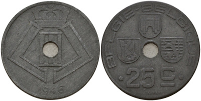 Бельгия 25 сантимов 1946 Belgie - Belgique, Леопольд III (1934-1947), германская оккупация, Вторая мировая война KM 132 цинк 4157-715