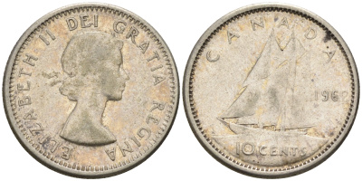 Канада 10 центов 1962 Елизавета II (1952-2022), парусник KM 51 серебро    4147-342