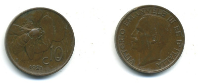 ИТАЛИЯ 10 ЧЕНТЕСИМО 1921 R ПЧЕЛА KM 60 медь 35-1243