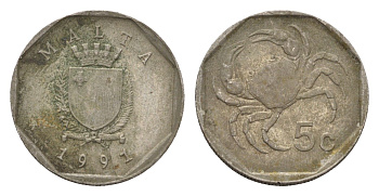 Мальта 5 центов 1991 краб KM 95 медно-никель 4702-468