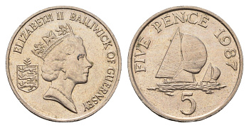 Гернси 5 пенсов 1987 Елизавета II (1952-2022), регата KM 42.1 медно никель 73-354
