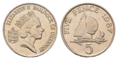 Гернси 5 пенсов 1987 Елизавета II (1952-2022), регата KM 42.1 медно никель 73-354