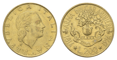 Италия 200 лир 1994 180 лет карабинерам KM 164 алюминиевая бронза UNC 4675-135