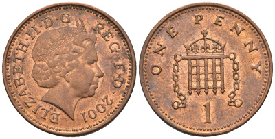 Великобритания 1 пенни 2001 Елизавета II (1952-2022) KM 986, Spink 4710 (B5) сталь плакированная медью 4609-558