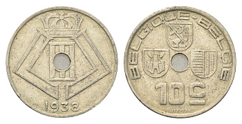 Бельгия 10 сантимов 1938 Belgique - Belgie, Леопольд III (1934-1947) KM 112 никель латунь 4705-217