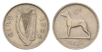 Ирландия 6 пенсов 1964 собака, ирландский волкодав KM 13a медно-никель 4687-941