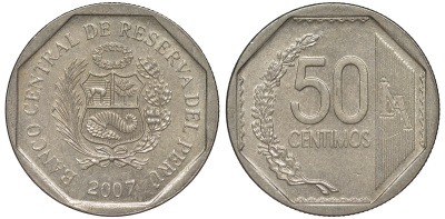 Перу 50 сентимо 2007 KM 307.4 медно-никель 4605-332