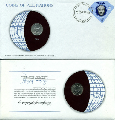 Тонга 5 сенити 1977 конверт с маркой первого дня гашения, Coins of Nations KM 44 медно-никель UNC 4294-50-1