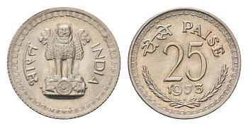 Индия 25 пайс 1973 KM 49.1 медно-никель UNC 4690-169