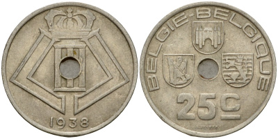 Бельгия 25 сантимов 1938 Belgie - Belgique KM 115 никель латунь 4601-633