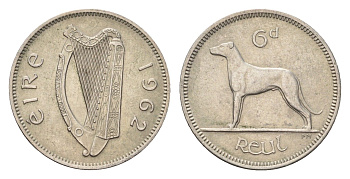 Ирландия 6 пенсов 1962 собака, ирландский волкодав KM 13a медно-никель 4696-528