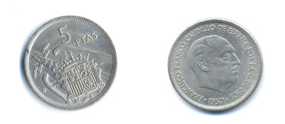 ИСПАНИЯ 5 ПЕСЕТ 1957 (69) ФРАНСИСКО ФРАНКО ДИКТАТОР ИСПАНИИ (1939-1975) KM 786 медно-никель 23-412