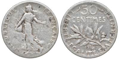 ФРАНЦИЯ 50 САНТИМОВ 1916 ТИП СЕЯТЕЛЬ KM 854, LE FRANC 190.23 серебро 4178-249