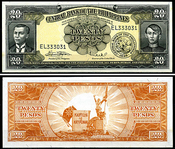Филиппины 20 песо 1949-1969 Pick 137e бумага UNC (пресс) 00-00