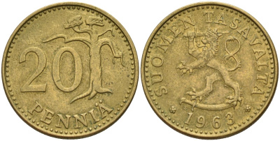 Финляндия 20 пенни 1963 KM 47 алюминиевая бронза 4150-1011