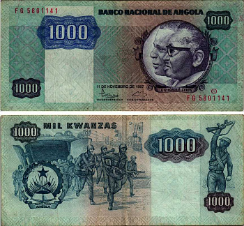 АНГОЛА 1000 КВАНЗА 1987 11 НОЯБРЯ 1987 Pick 121b бумага 7222-23-2