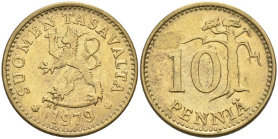 ФИНЛЯНДИЯ 10 ПЕННИ 1979 K KM 46 алюминиевая бронза 192-1044