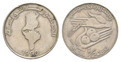 Тунис 1/2 динара 1990 KM 318 медно-никель 4513-152