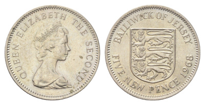 Джерси 5 новых пенсов 1968 герб, Елизавета II (1952-2022) KM 32 медно-никель UNC 4703-1047