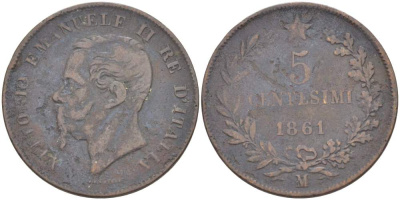 ИТАЛИЯ 5 ЧЕНТЕЗИМО 1861 М, МОНДВОР МИЛАН, ВИКТОР ЭММАНУИЛ II (1861-1878) KM 3.2 медь 4525-115