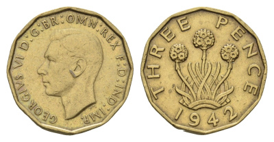 Великобритания 3 пенса 1942 Георг VI (1936-1952) KM 849, Spink 4112 никель латунь 4121-455