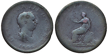Великобритания 1/2 пенни 1806 Георг III (1760-1820) Spink 3781, KM 662 медь 4117-524