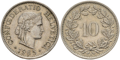 Швейцария 10 раппенов 1965 B KM 27 медно-никель 4189-413