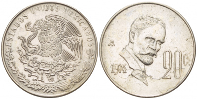 Мексика 20 сентаво 1974 Мо, Игнасио Мадеро KM 442 медно-никель 4548-155