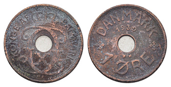 Дания 1 эре 1939 N, Кристиан X (1912-1947) KM 826 бронза 4701-624