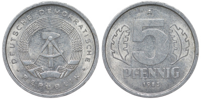 ГДР 5 ПФЕННИГОВ 1983 A КМ 9.2 алюминий 62-532