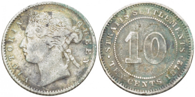Стрейтс-Сетлментс 10 центов 1872 Виктория (1837-1901) KM 11 серебро 112-1046
