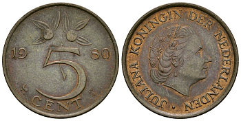 Нидерланды 5 центов 1980 Юлиана (1948-1980) KM 181 бронза 4681-922