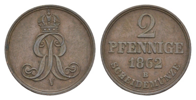 Ганновер 2 пфеннига 1852 B, Георг V (1851-1866) KM 234, AKS 153, J. 91 медь    4657-726