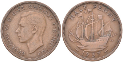 Великобритания 1/2 пенни 1937 Георг VI (1936-1952) KM 844, Spink 4115 бронза 4128-145