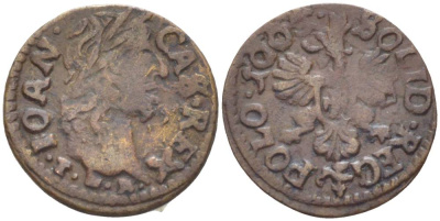 Польша 1 солид (шелаг, шиллинг) 1666 Ян II Казимир Ваза (1649-1668), боратынка, вес 1,3 гр. KM 110 медь 66-222