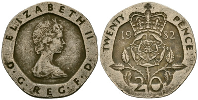 Великобритания 20 пенсов 1982 Елизавета II (1952-2022) KM 931, Spink 4230 (G1) медно-никель 4167-1254