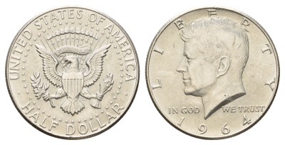США 1/2 доллара (50 центов) 1964 Джон Кеннеди, год-тип KM 202 серебро aUNC 1527-1145