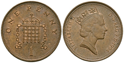 Великобритания 1 пенни 1994 Елизавета II (1952-2022) KM 935a, Spink 4391 (B4) сталь плакированная медью 23-1046