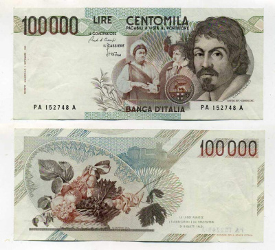 Италия 100000 лир 1983 Караваджо, фруктовый букет, подпись Stevani Pick 110а бумага 450-71-2