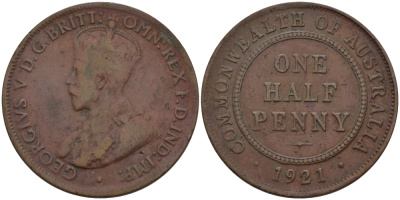 Австралия 1/2 пенни 1921 Георг V (1910-1936) KM 22 бронза 67-1216