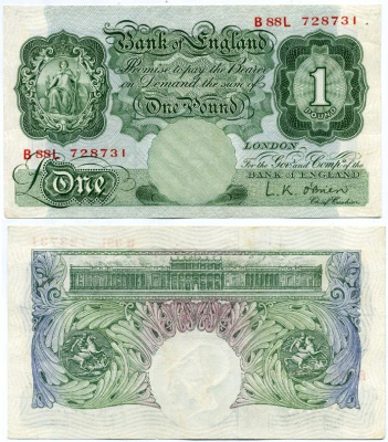 Англия 1 фунт ND (1955-1960) зеленый, подпись  L.K. O' Brien, с защитной полосой Pick 369c бумага aUNC 000-00-00