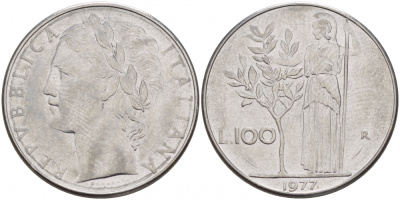 ИТАЛИЯ 100 ЛИР 1977 R , АФИНА KM 96.1 нержавеющая сталь 51-1433