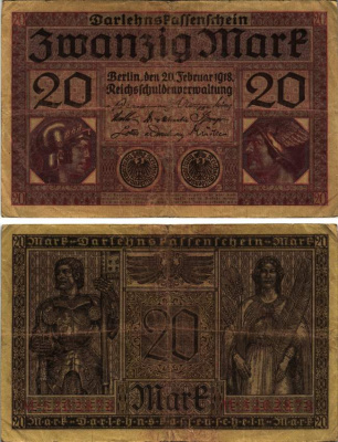 ГЕРМАНИЯ 20 МАРОК 1918 20 ФЕВРАЛЯ 1918, СЕРИЯ М, КРАСНАЯ, МИНЕРВА И МЕРКУРИЙ Pick 57, Rosenberg 55 бумага 8616-10-1-2