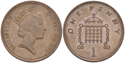 Великобритания 1 пенни 1987 Елизавета II (1952-2022) КМ 935, Spink 4381 (B3) бронза 4588-546