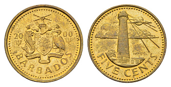 Барбадос 5 центов 2000 маяк Саут-Пойнт KM 11 латунь UNC 4649-626
